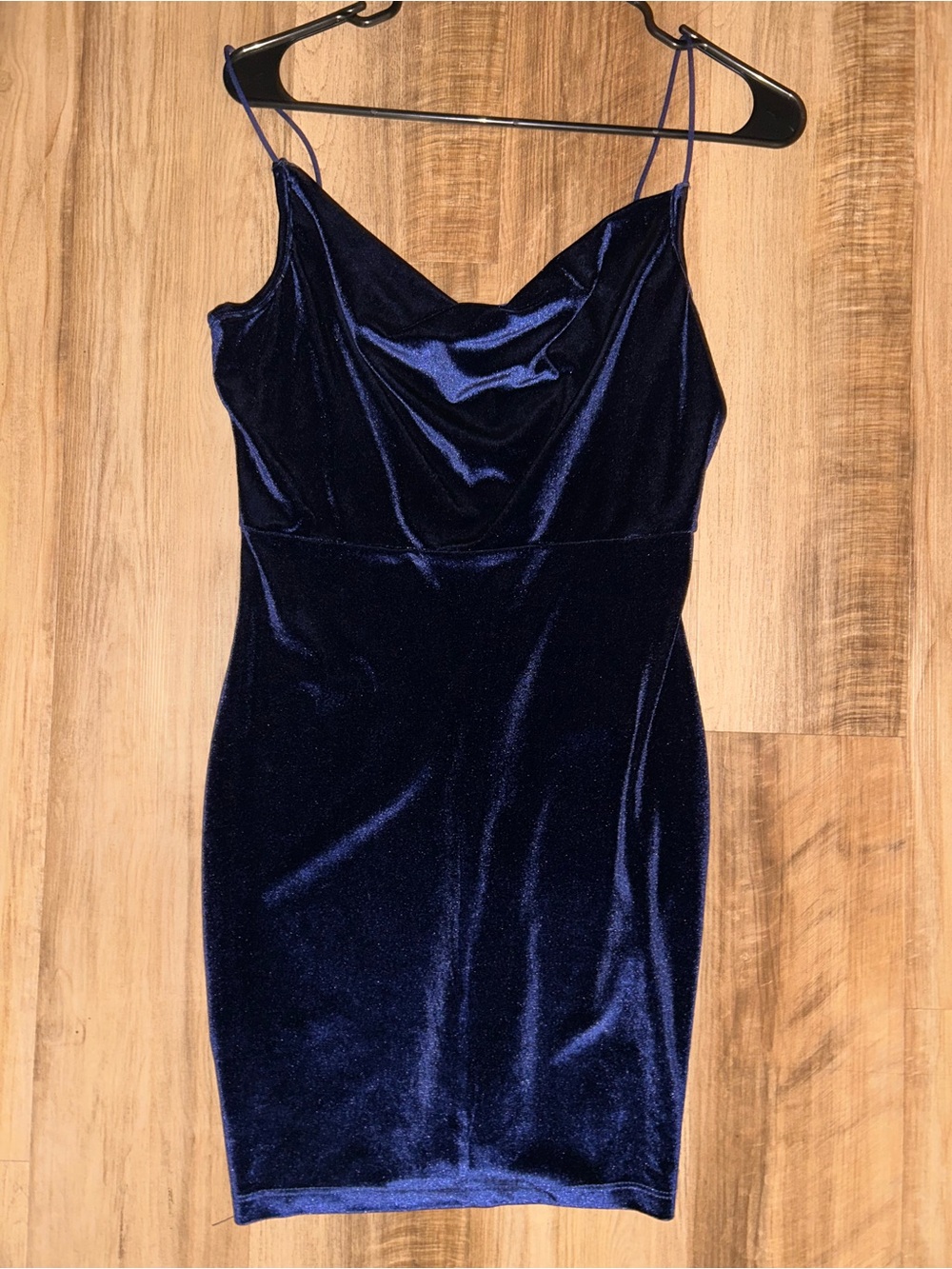 SHEIN Navy Velvet Cowl Neck Spaghetti Strap Mini Dress